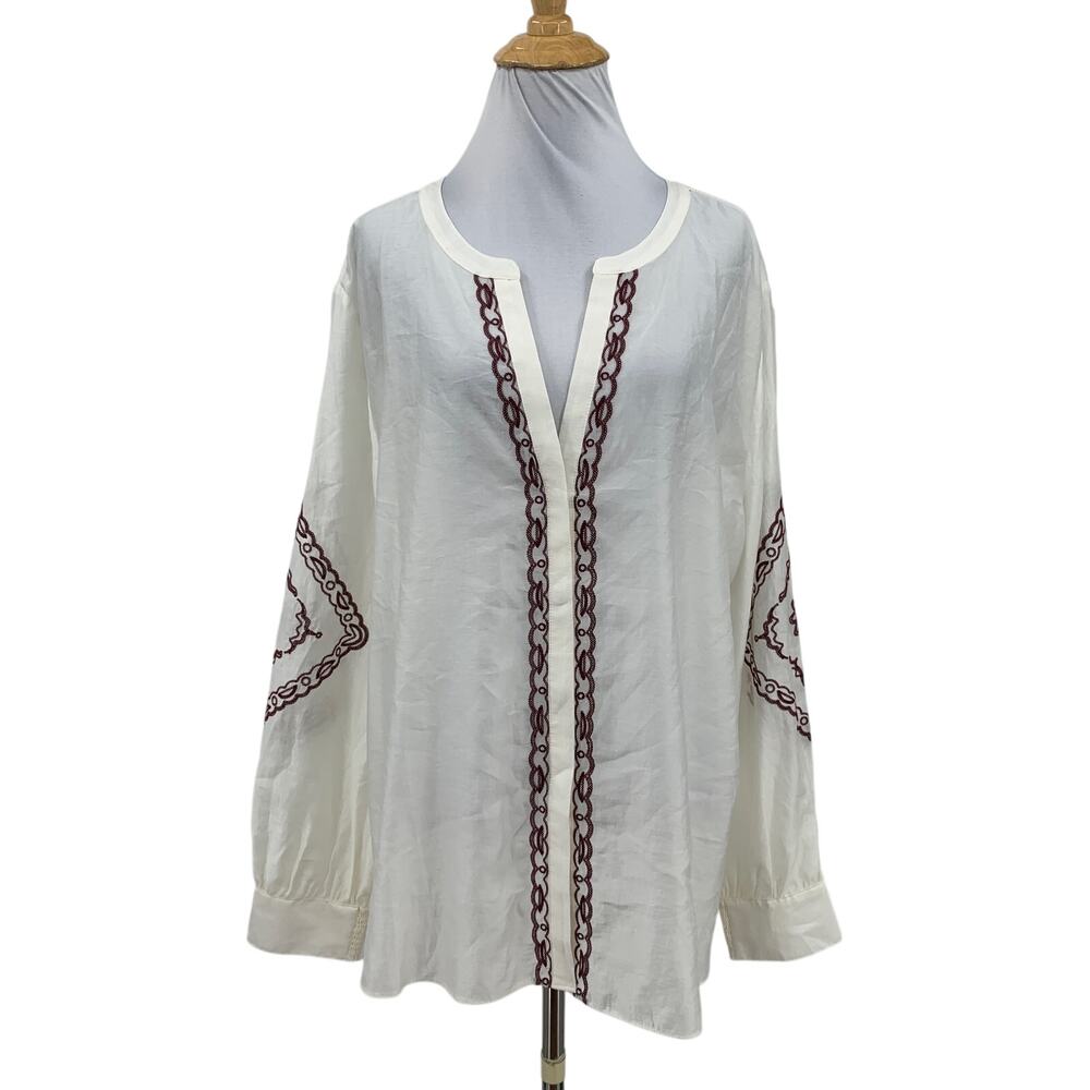 Chicos Blouse Womens 4 US 20 Ecru Embroidered Button Up Long Sleeve Lightweight